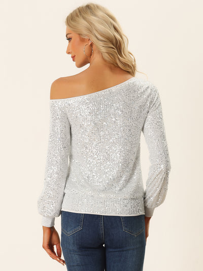 Off Shoulder Sequins Tops Disco Party Sparkly Glitter Top