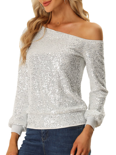 Off Shoulder Sequins Tops Disco Party Sparkly Glitter Top