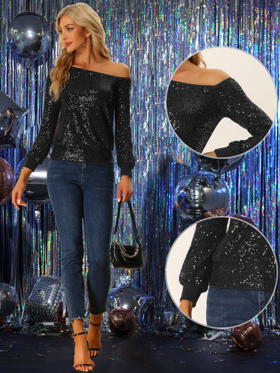 Off Shoulder Sequins Tops Disco Party Sparkly Glitter Top