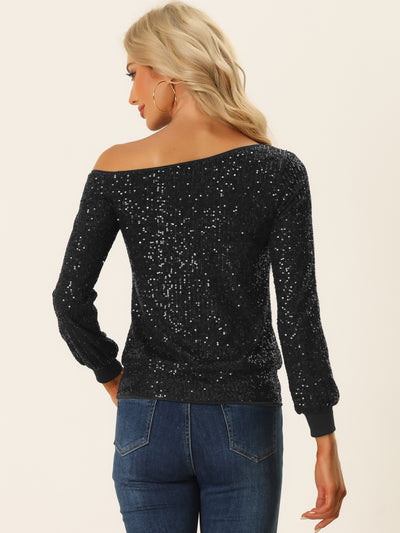 Off Shoulder Sequins Tops Disco Party Sparkly Glitter Top