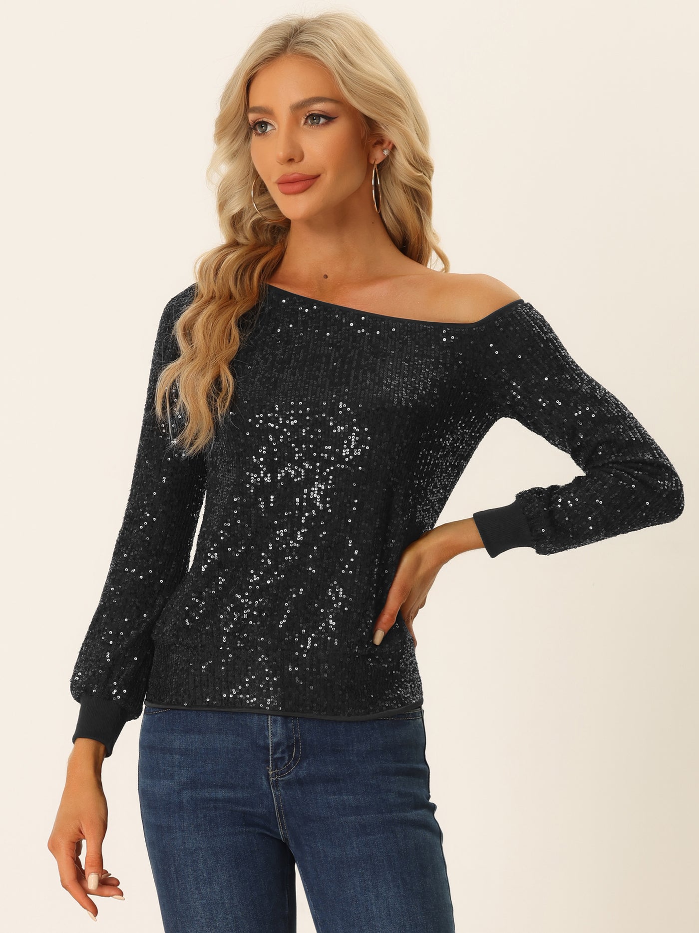 Allegra K Off Shoulder Sequins Tops Disco Party Sparkly Glitter Top