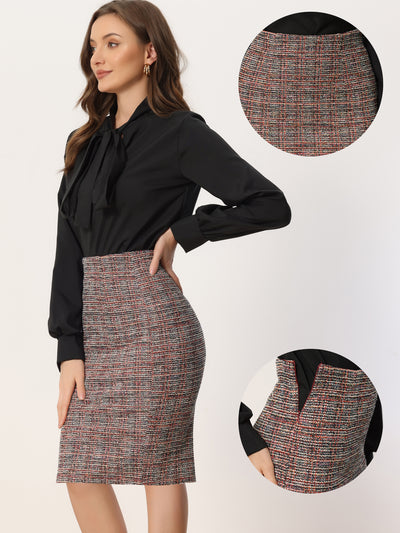 High Waist Split Office Pencil Plaid Tweed Midi Skirt