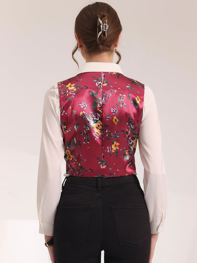 Floral Pattern Button Closure Satin Waistcoat Vest