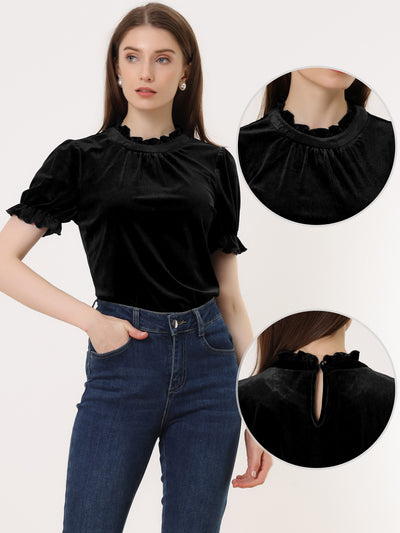 Ruffle Collar Short Cuff Sleeve Velvet Tops Blouse