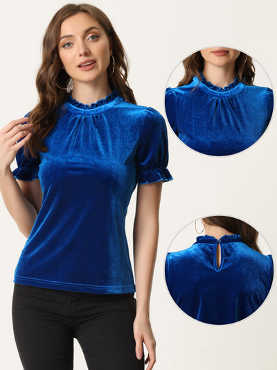 Ruffle Collar Short Cuff Sleeve Velvet Tops Blouse