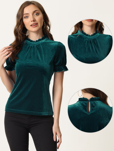 Ruffle Collar Short Cuff Sleeve Velvet Tops Blouse