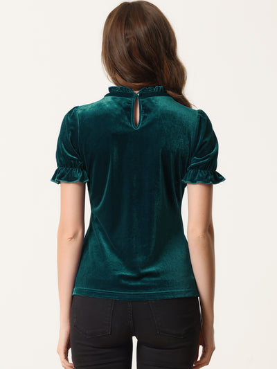 Ruffle Collar Short Cuff Sleeve Velvet Tops Blouse