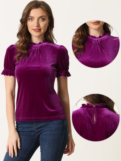 Ruffle Collar Short Cuff Sleeve Velvet Tops Blouse