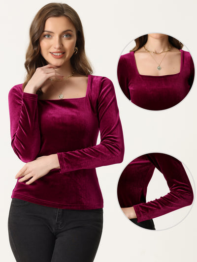 Long Sleeve Velvet Square Neck Casual T-Shirt Blouse