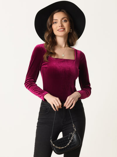 Allegra K Long Sleeve Velvet Square Neck Casual T-Shirt Blouse