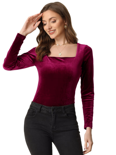 Long Sleeve Velvet Square Neck Casual T-Shirt Blouse