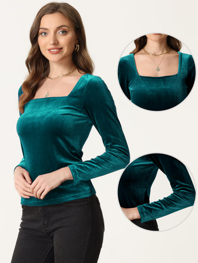 Long Sleeve Velvet Square Neck Casual T-Shirt Blouse