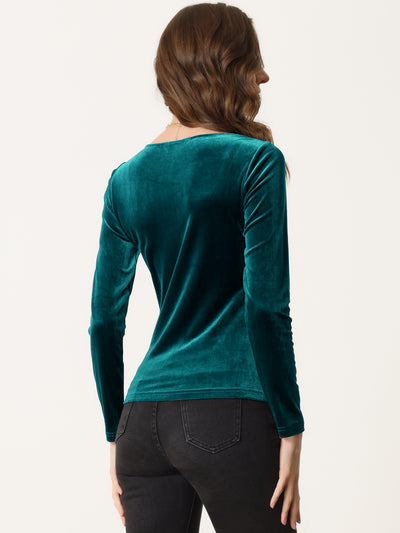 Long Sleeve Velvet Square Neck Casual T-Shirt Blouse