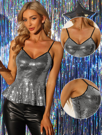 Sequin Cami Spaghetti Strap V Neck Sparkle Ruffles Peplum Top