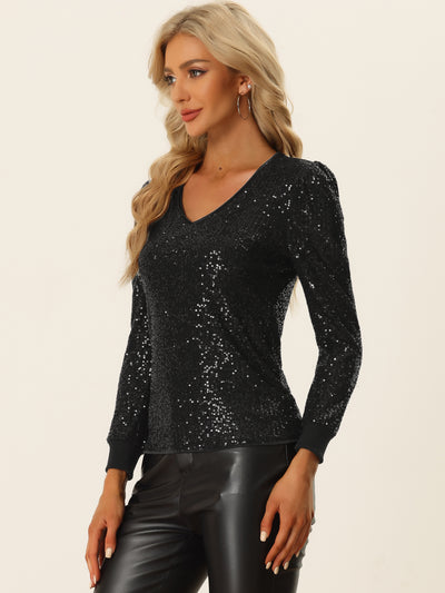 Sequin Top V Neck Party Metallic Sparkly Blouse