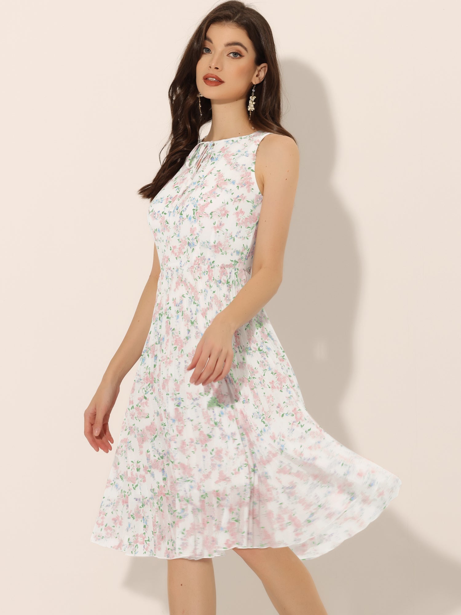 Floral A-Line Knee Length Sleeveless Pleated Midi Dress | Allegra K