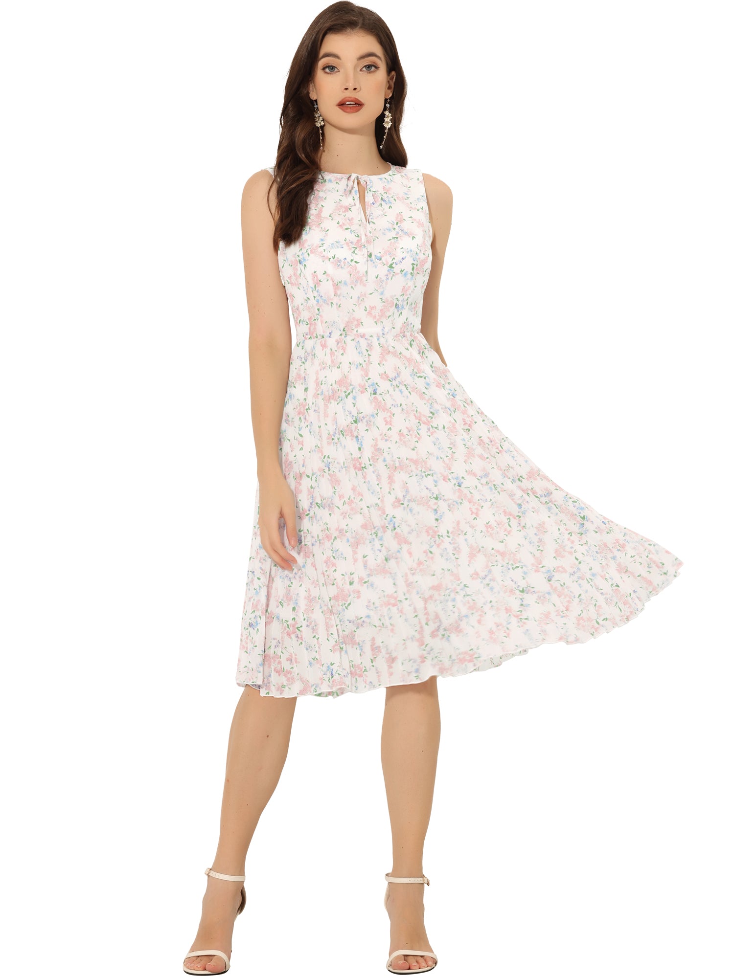 Floral A-Line Knee Length Sleeveless Pleated Midi Dress | Allegra K