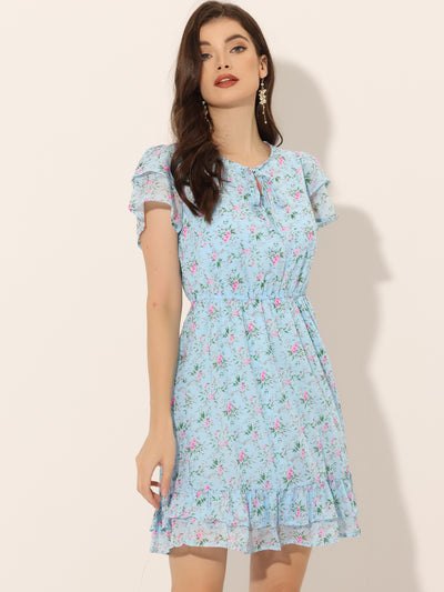 Ruffle Sleeve V Neck Above Knee A-Line Floral Chiffon Dress