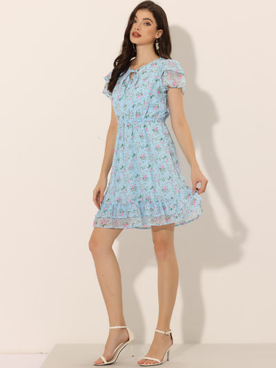 Ruffle Sleeve V Neck Above Knee A-Line Floral Chiffon Dress