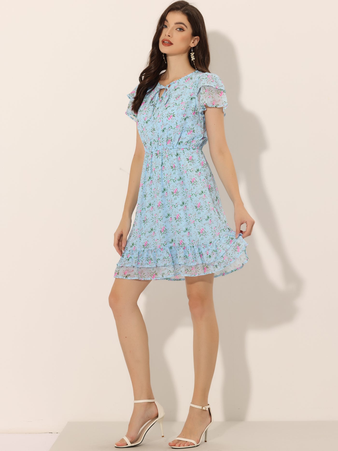 Allegra K Ruffle Sleeve V Neck Above Knee A-Line Floral Chiffon Dress