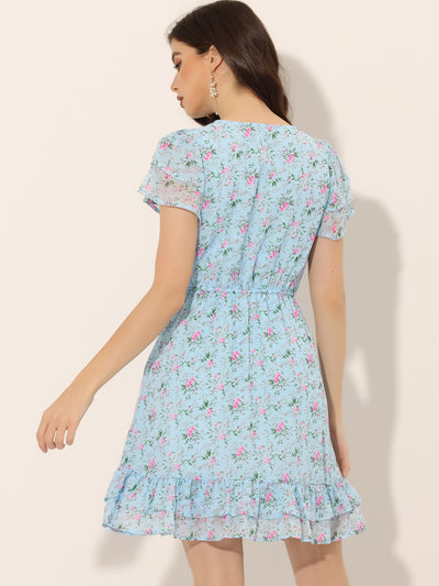 Ruffle Sleeve V Neck Above Knee A-Line Floral Chiffon Dress