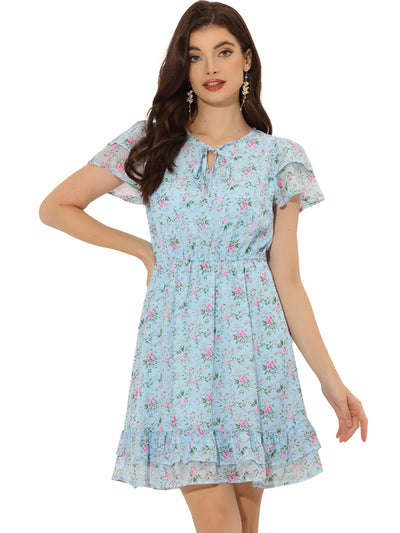 Ruffle Sleeve V Neck Above Knee A-Line Floral Chiffon Dress