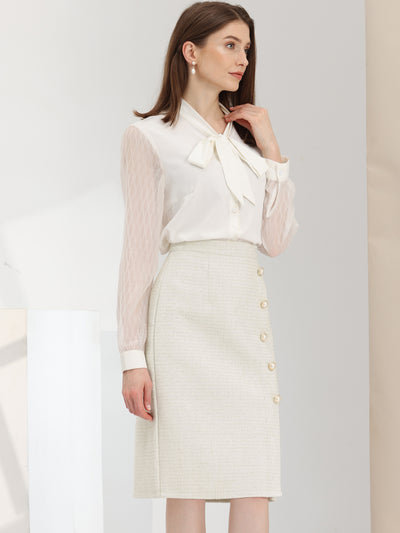 Allegra K Women's Plaid Tweed High Waist Button Decor Shiny Business Elegant Midi Skirt