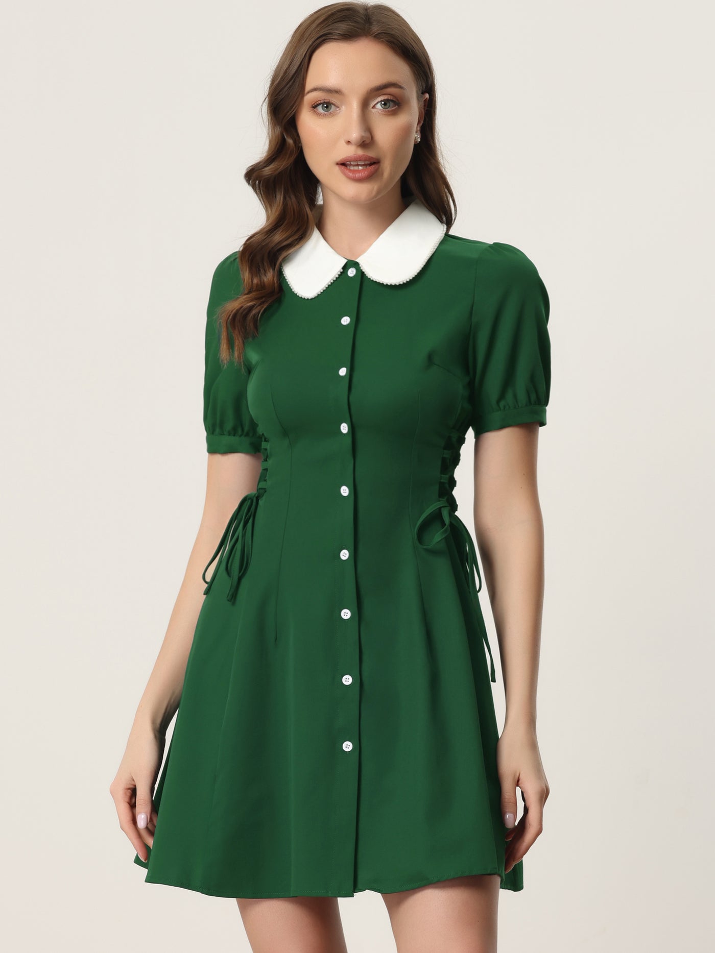 Allegra K Vintage Peter Pan Collar Lace Up Button Down Dress