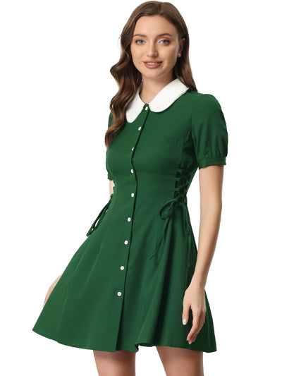 Vintage Peter Pan Collar Lace Up Button Down Dress