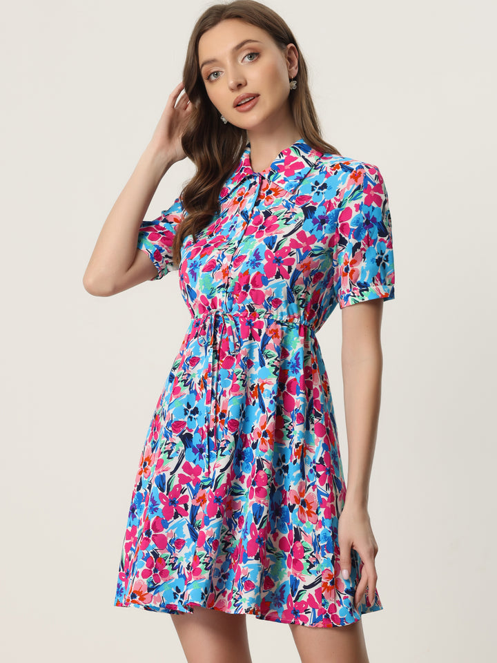 Floral Point Collar Button Up Tie Waist A-Line Mini Dress | Allegra K