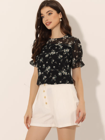 Chiffon Short Sleeve Ruffled Trim Floral Blouse Top