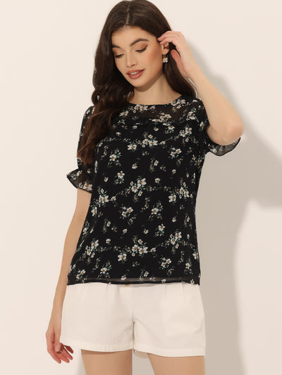 Chiffon Short Sleeve Ruffled Trim Floral Blouse Top