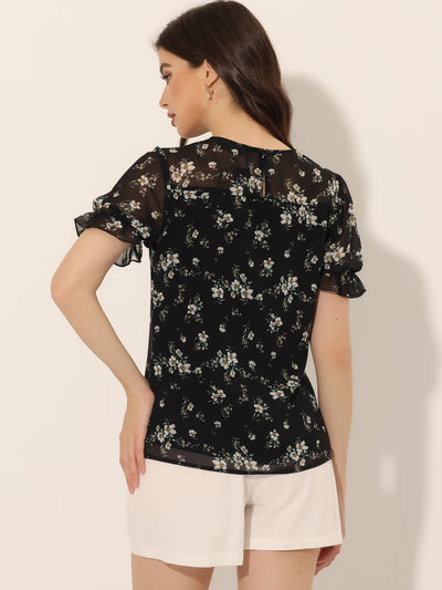 Chiffon Short Sleeve Ruffled Trim Floral Blouse Top