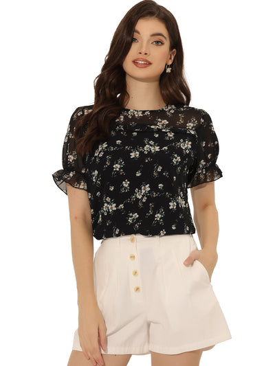 Chiffon Short Sleeve Ruffled Trim Floral Blouse Top