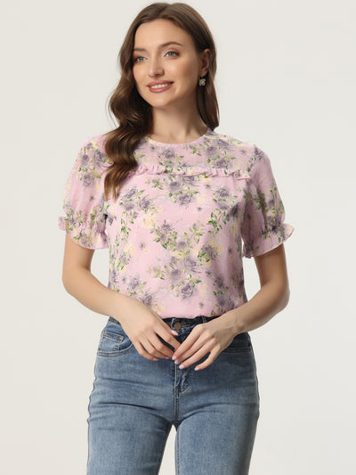 Chiffon Short Sleeve Ruffled Trim Floral Blouse Top