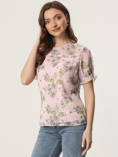 Chiffon Short Sleeve Ruffled Trim Floral Blouse Top