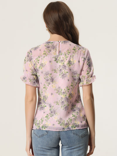 Chiffon Short Sleeve Ruffled Trim Floral Blouse Top