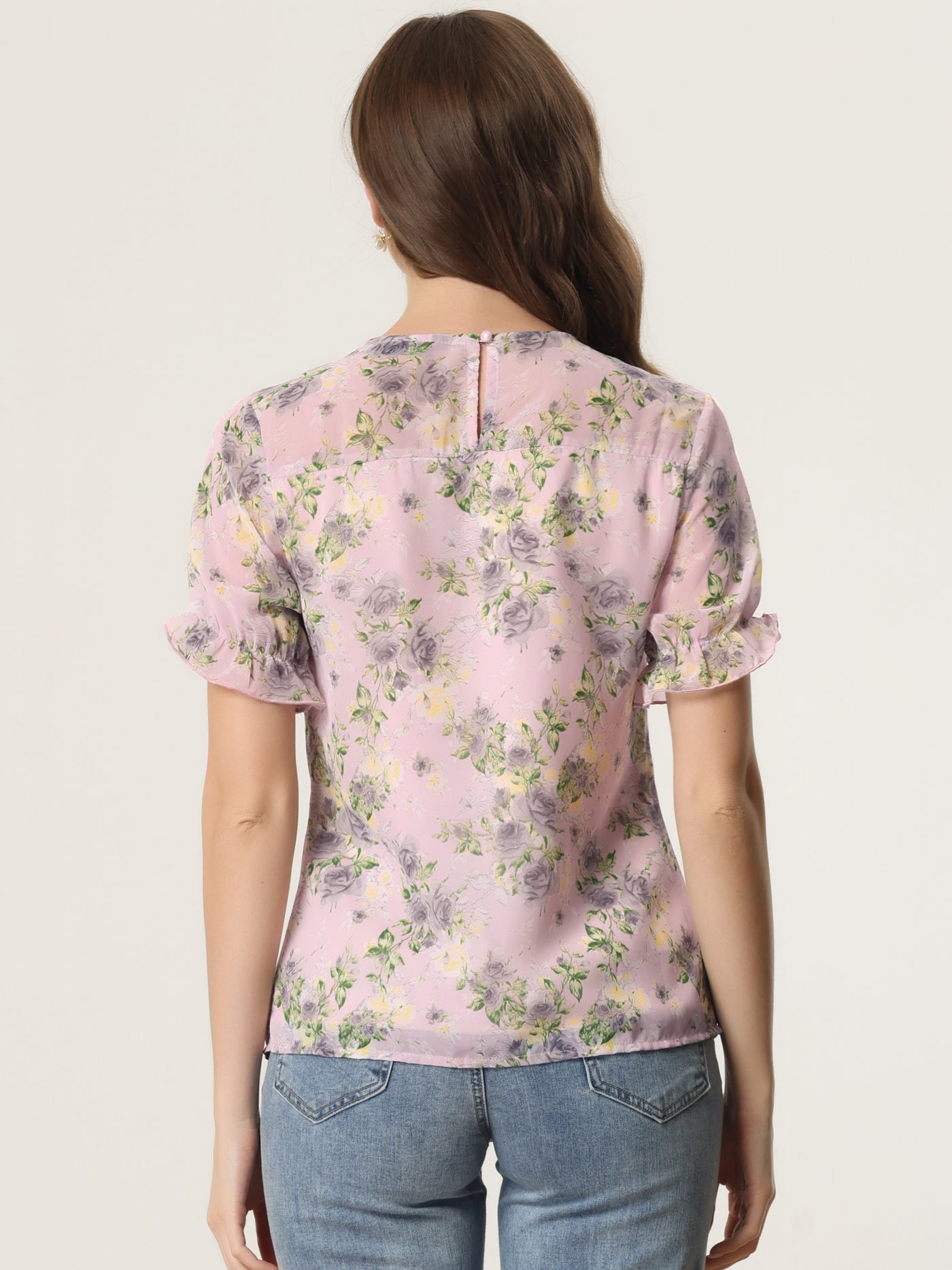 Allegra K Chiffon Short Sleeve Ruffled Trim Floral Blouse Top