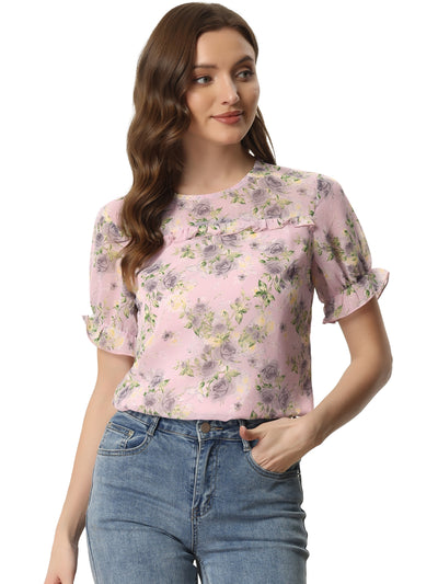 Chiffon Short Sleeve Ruffled Trim Floral Blouse Top