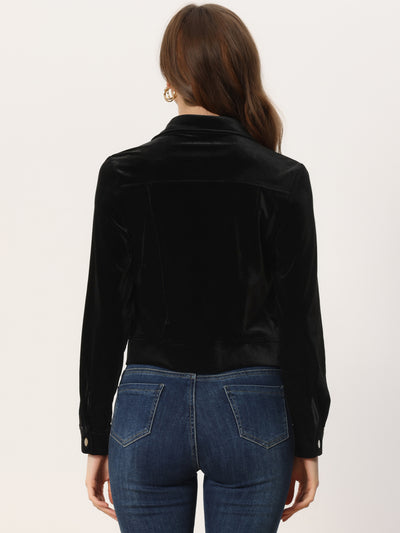 Velvet Faux Flap Pocket Long Sleeve Button Front Casual Jacket