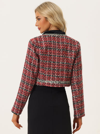 Stand Collar Double Breasted Elegant Plaid Tweed Crop Jacket