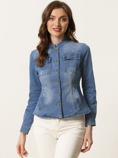 Casual Denim Classic Stand Collar Long Sleeve Jean Jacket