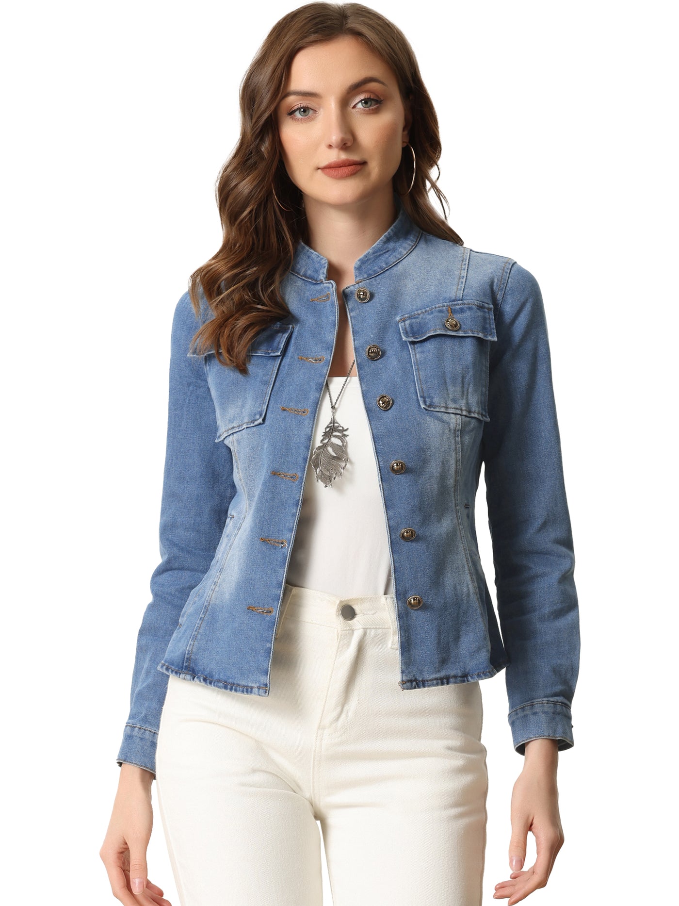 Allegra K Casual Denim Classic Stand Collar Long Sleeve Jean Jacket