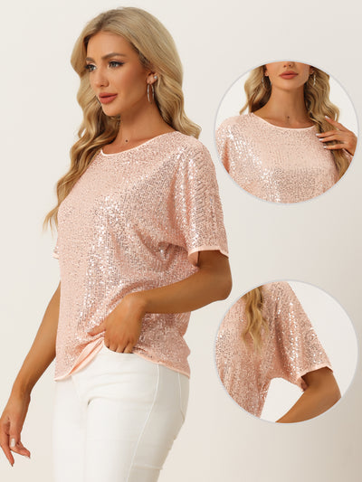 Sequin Top Round Neck Short Sleeve Party Clubwear Blouse