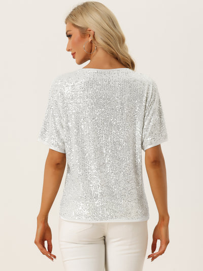 Sequin Top Round Neck Short Sleeve Party Clubwear Blouse