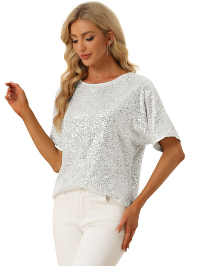 Sequin Top Round Neck Short Sleeve Party Clubwear Blouse