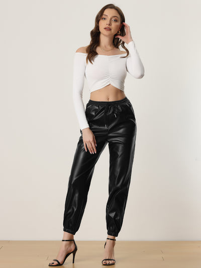 Allegra K Faux Leather Pants Drawstring High Waist Joggers Casual Tapered Trousers