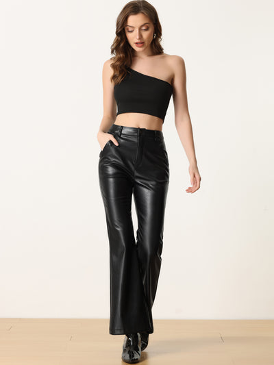 Allegra K Faux Leather Flared Pants High Waist Bell Bottom PU Trousers
