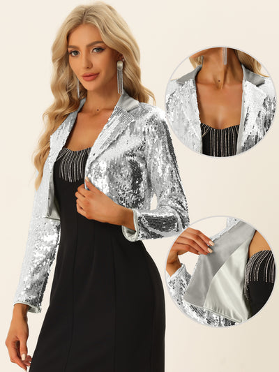 Open Front Blazer Notched Lapel Long Sleeve Sparkly Sequin Jacket