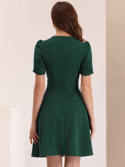 Elegant Short Puff Sleeve V Neck A-Line Zipper Side Office Dress